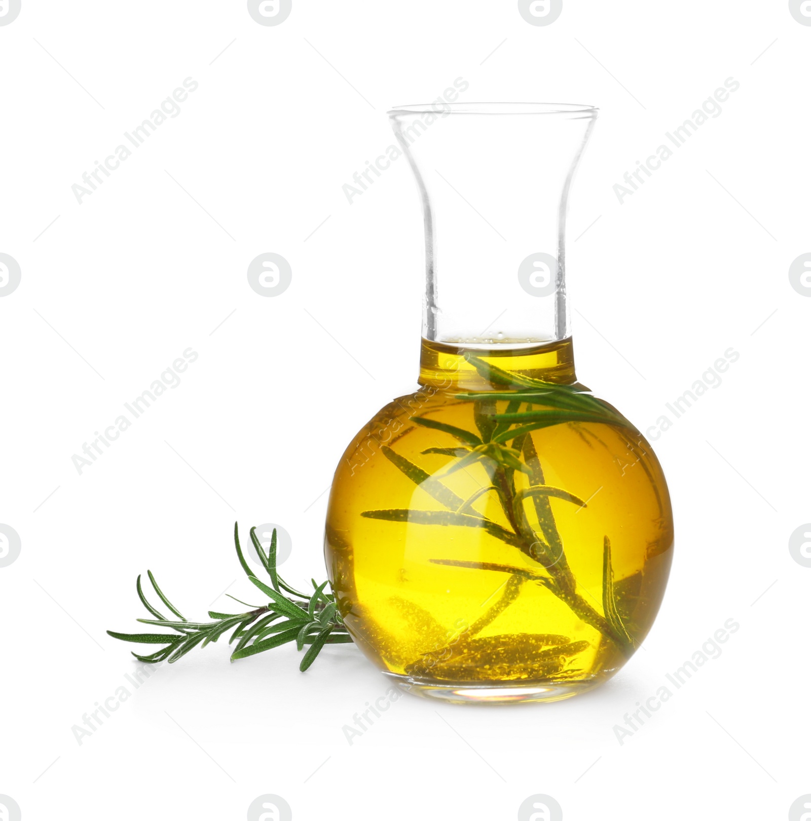 Photo of Glassware with rosemary oil on white background