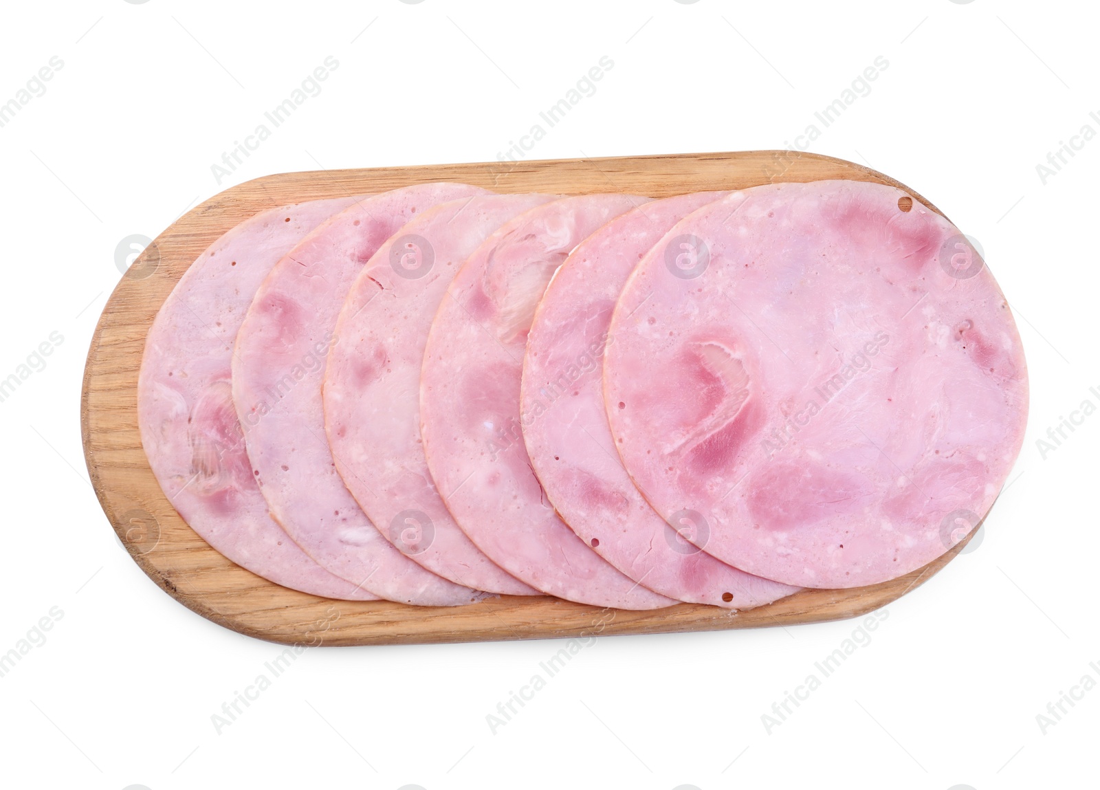 Photo of Slices of tasty ham isolated on white, top view