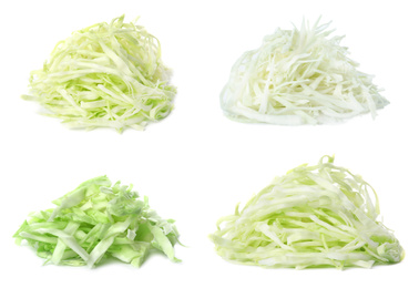 Set with heaps of chopped cabbage on white background