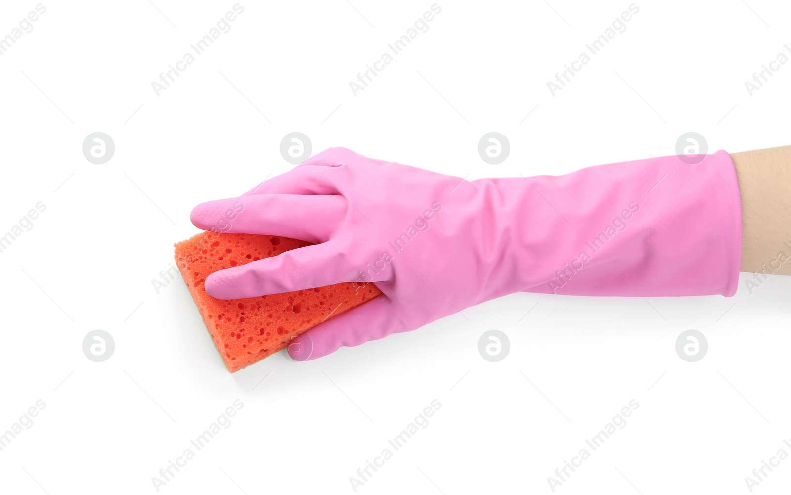 Photo of Person in rubber glove with sponge on white background, closeup of hand