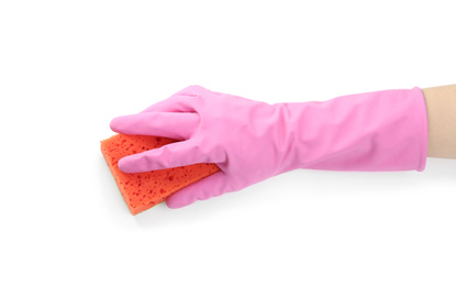 Photo of Person in rubber glove with sponge on white background, closeup of hand