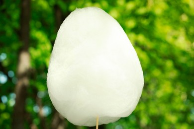 Photo of One sweet cotton candy against blurred green, closeup