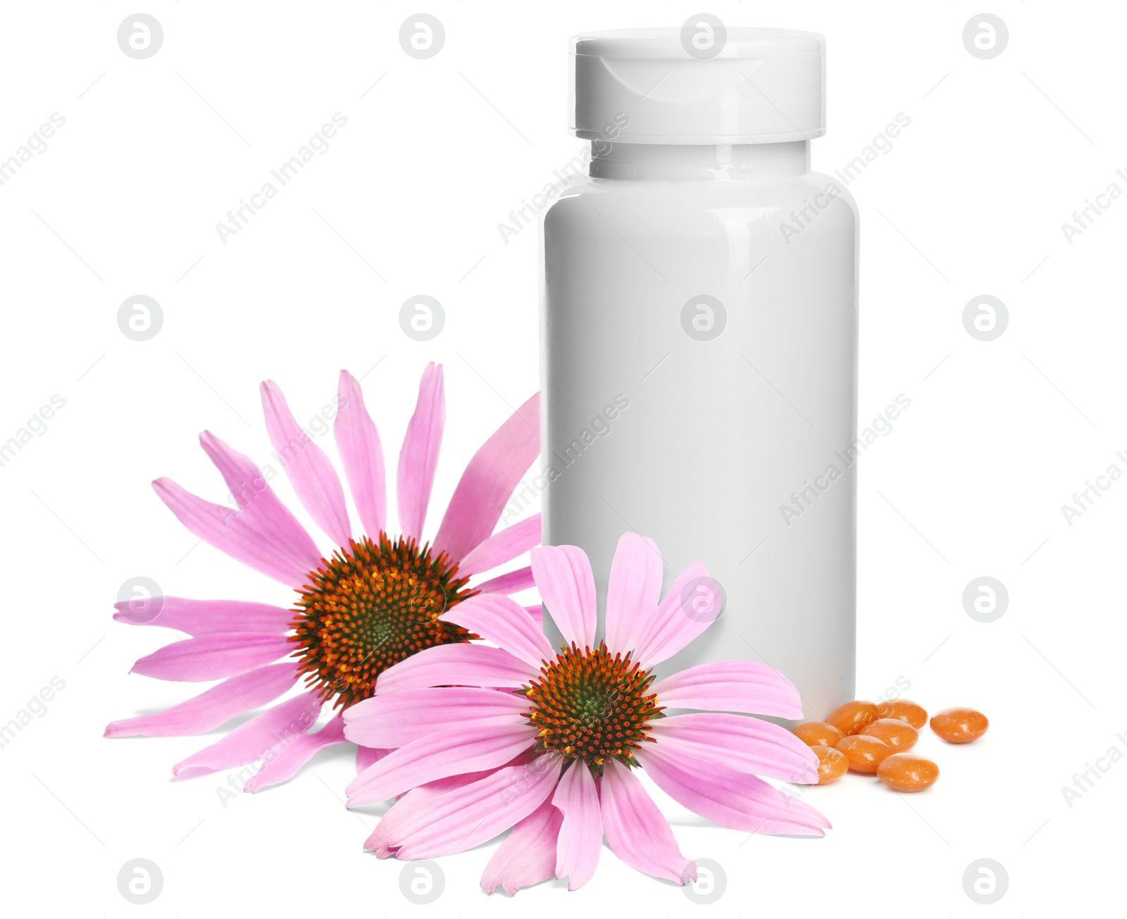 Image of Bottle with vitamin pills and beautiful echinacea flowers on white background
