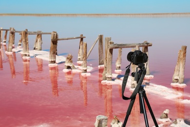 Professional camera with tripod near pink lake