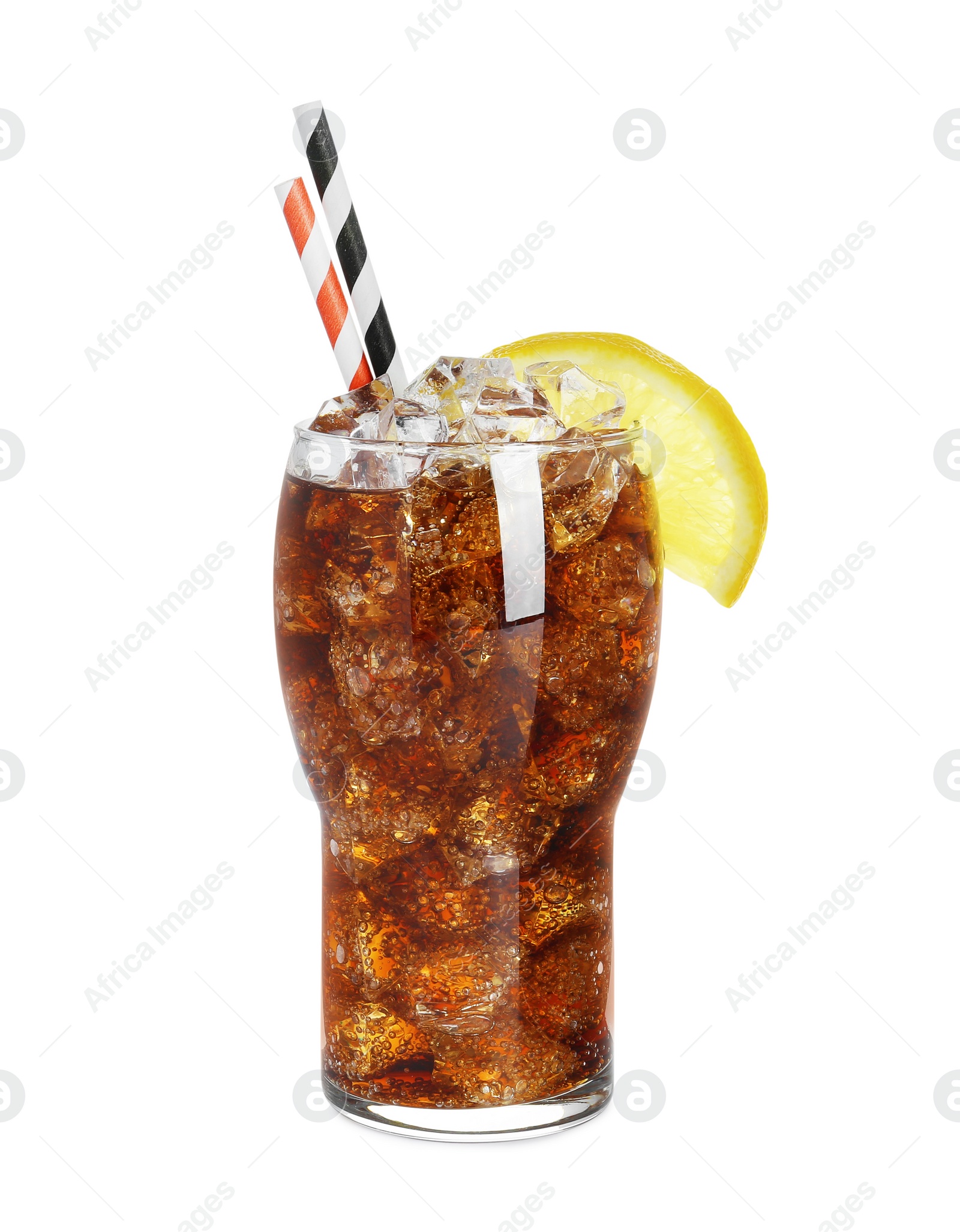 Photo of Glass of refreshing soda drink with ice cubes and lemon isolated on white