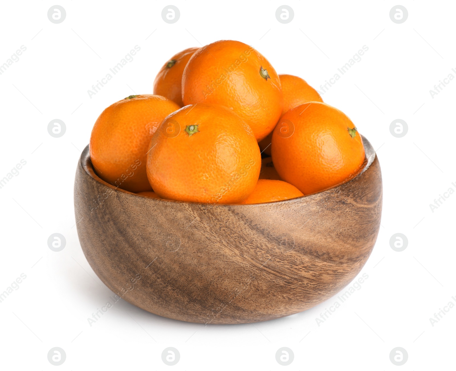 Photo of Wooden bowl with delicious ripe tangerines on white background
