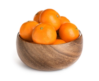 Photo of Wooden bowl with delicious ripe tangerines on white background