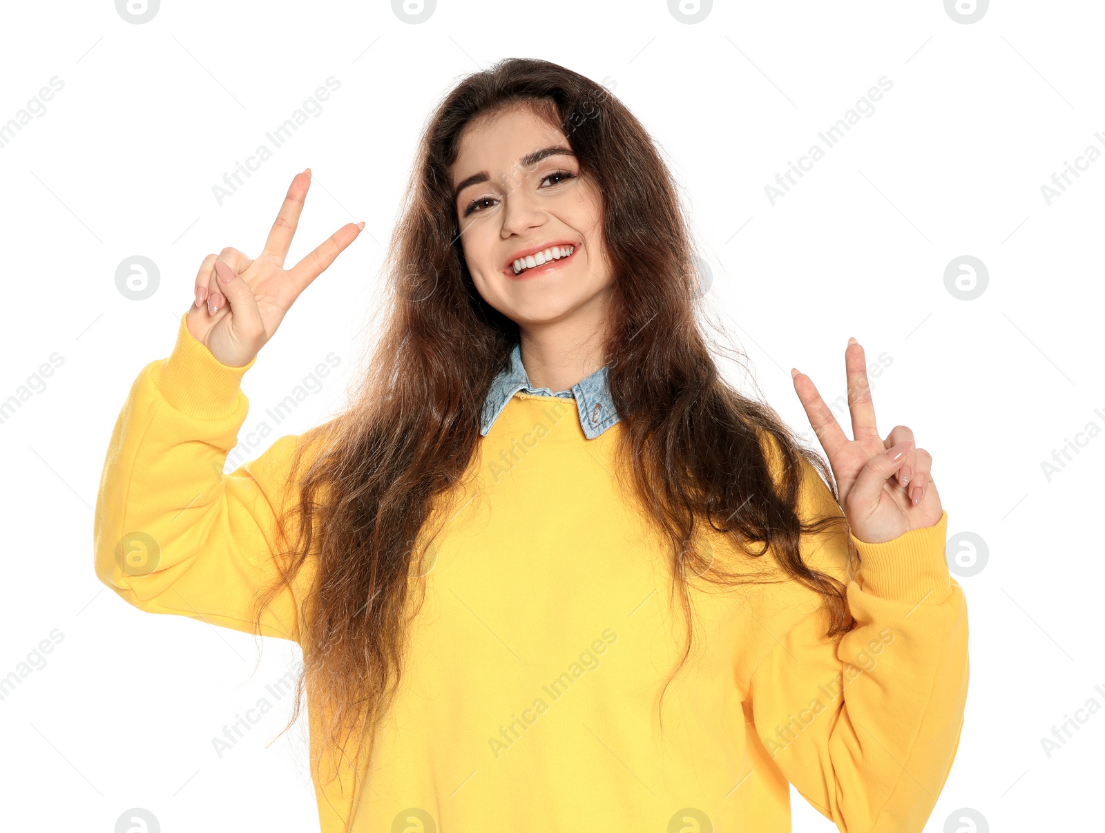 Photo of Beautiful young woman in stylish clothes on white background