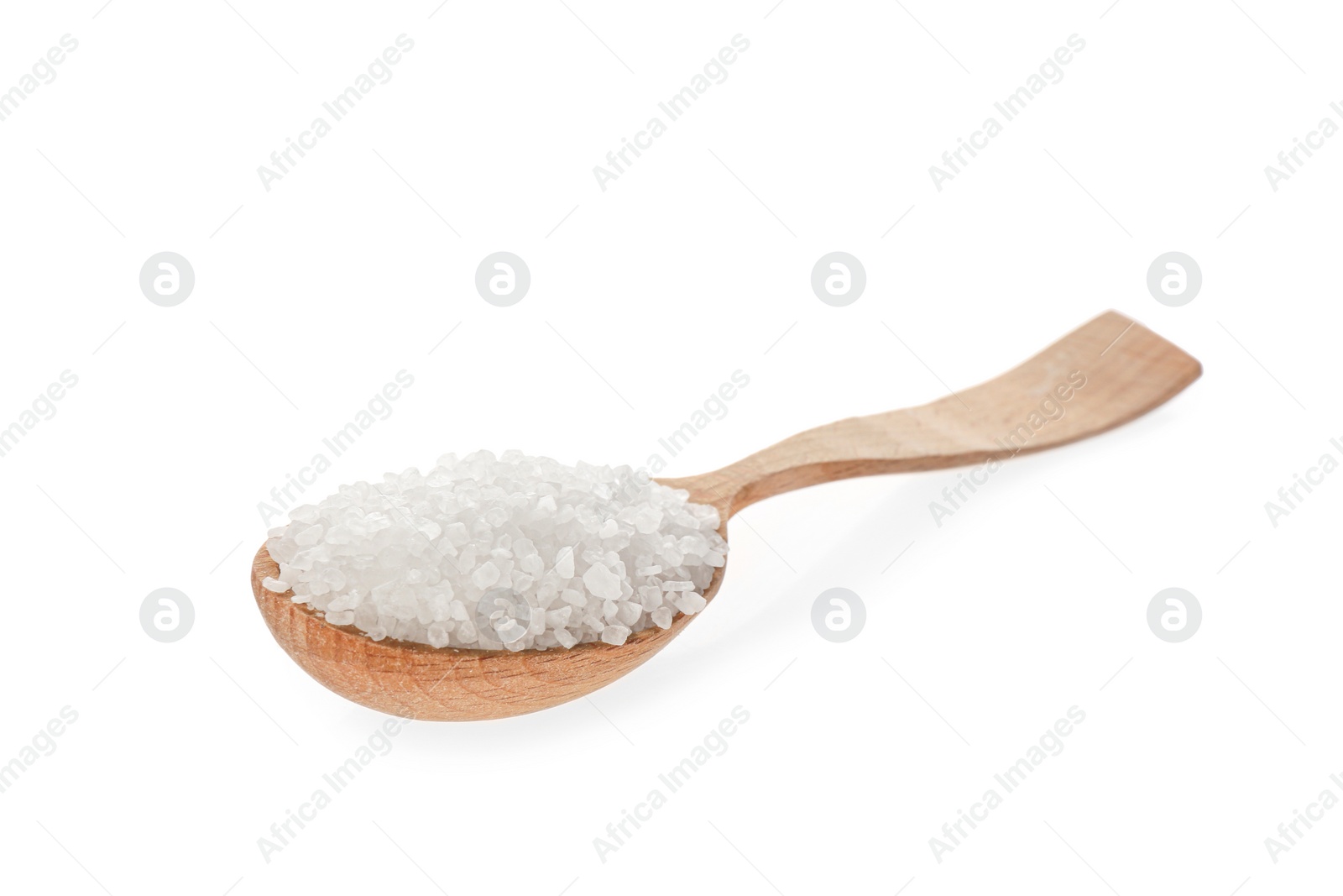 Photo of Wooden spoon with salt isolated on white