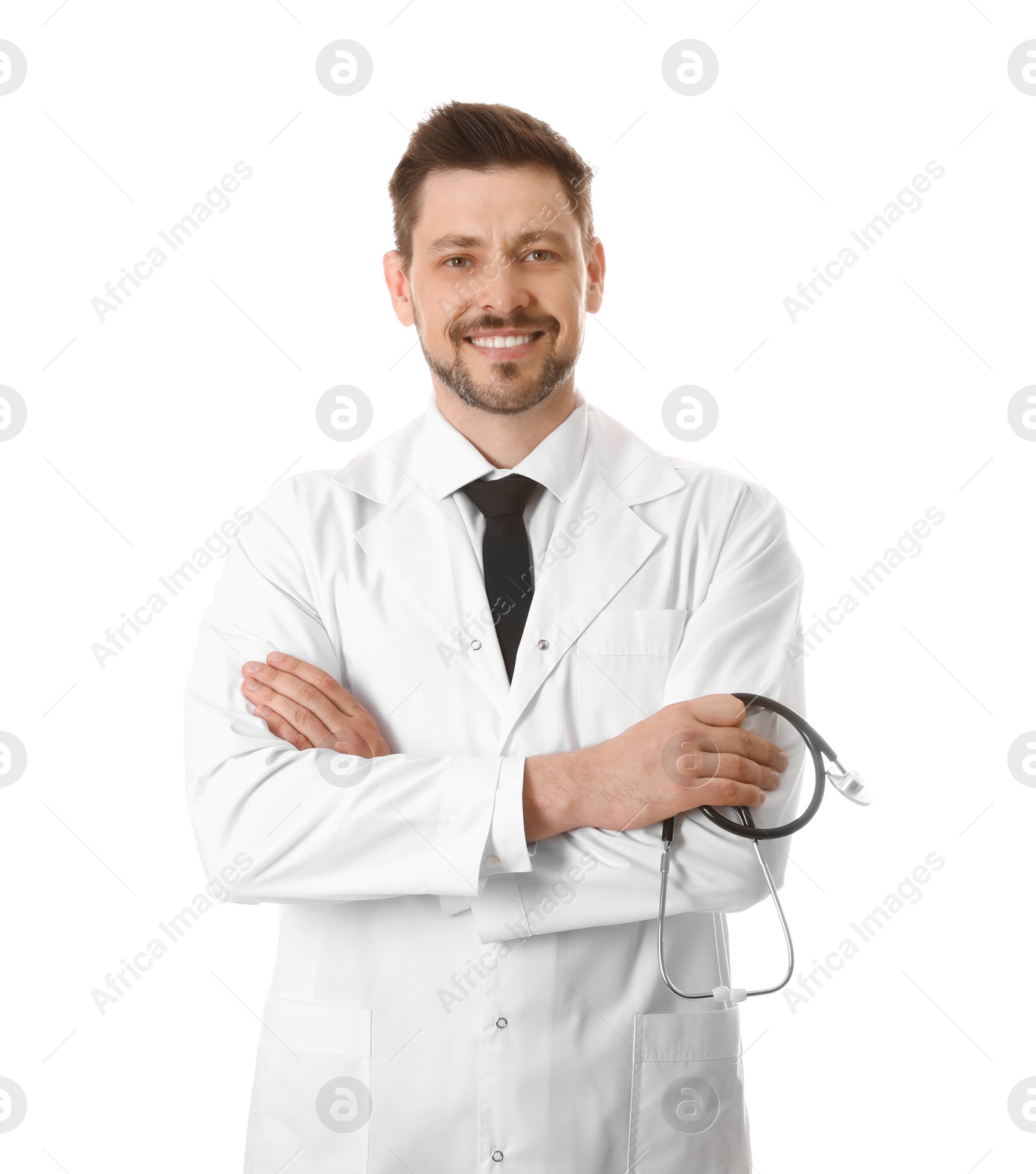 Photo of Portrait of smiling male doctor isolated on white. Medical staff