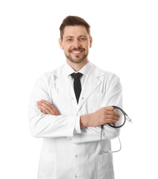 Photo of Portrait of smiling male doctor isolated on white. Medical staff