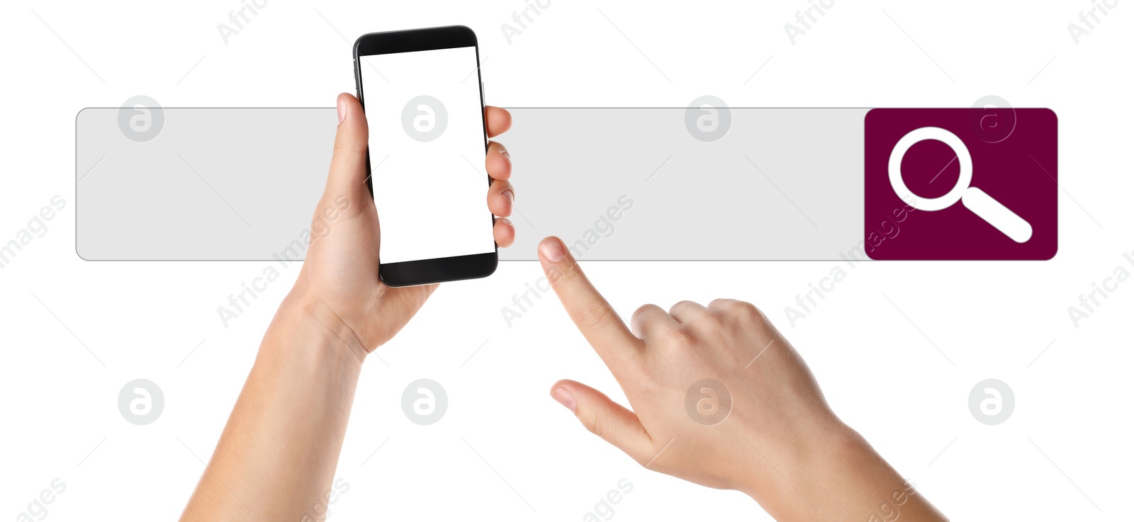 Image of Search bar of internet browser and man using smartphone, closeup. Space for text 