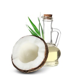 Image of Bottle of coconut cooking oil and fruit on white background