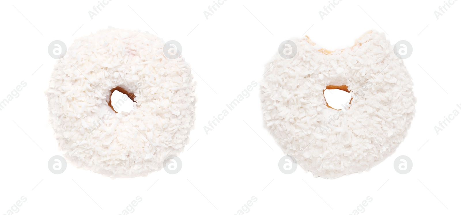 Image of Whole and bitten tasty donuts with sprinkles isolated on white