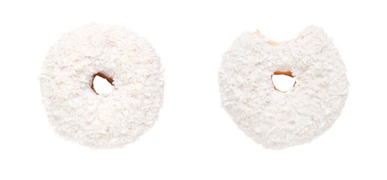 Image of Whole and bitten tasty donuts with sprinkles isolated on white