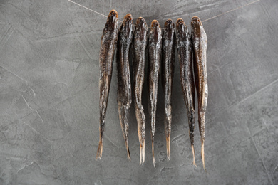 Dried fish hanging on rope against grey background