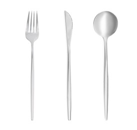 Image of Shiny silver cutlery set on white background, top view