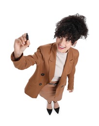 Beautiful businesswoman in suit with marker on white background, above view