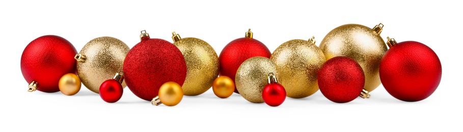 Photo of Beautiful golden and red Christmas balls isolated on white