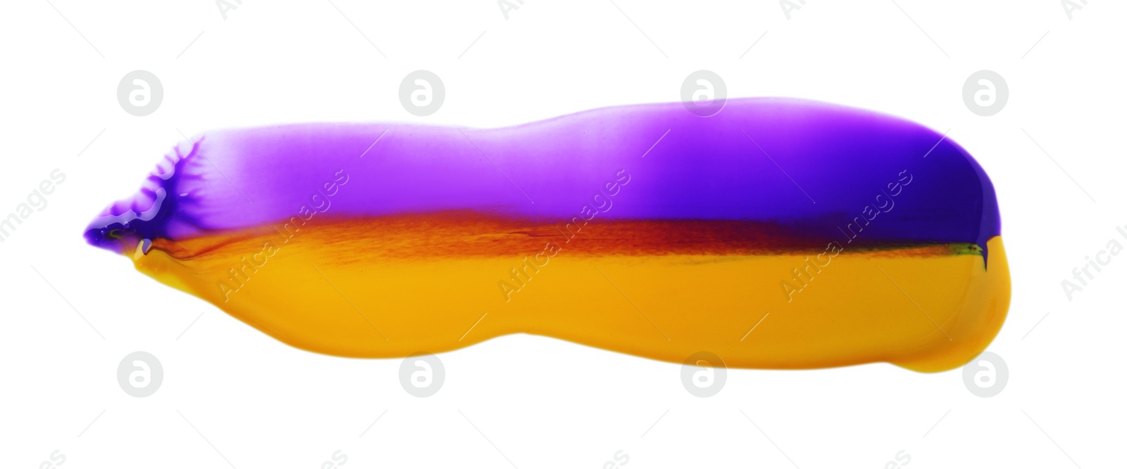 Photo of Purple and golden paint samples on white background, top view