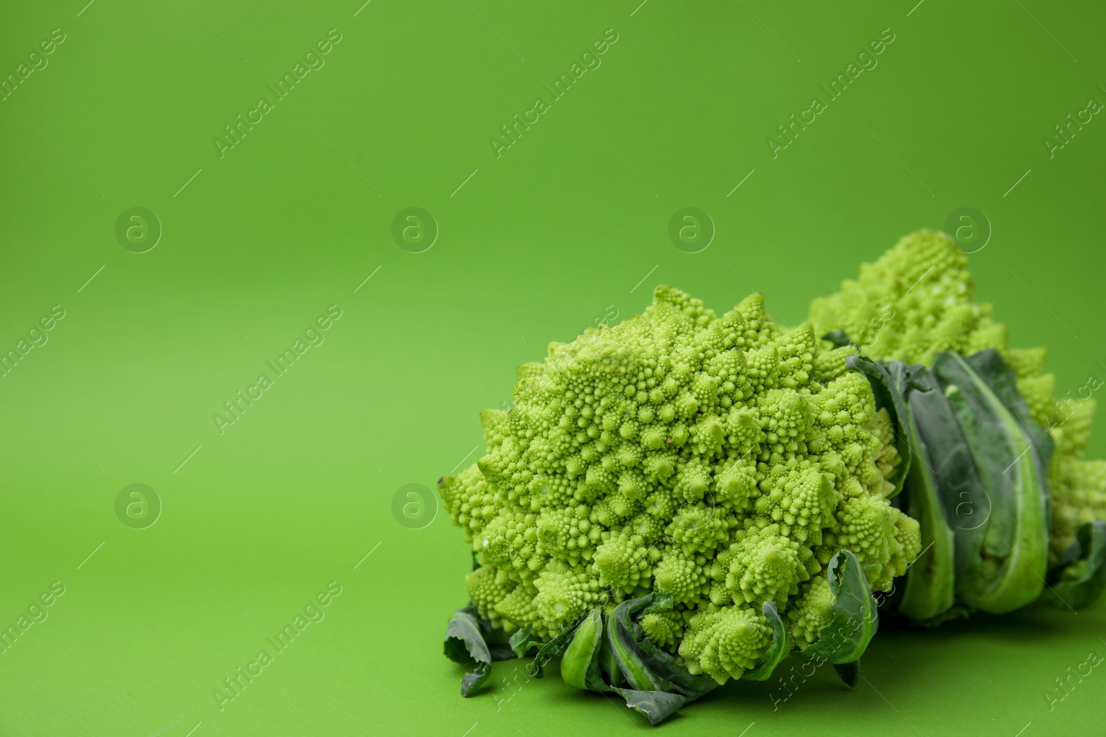 Photo of Fresh Romanesco broccoli on green background. Space for text