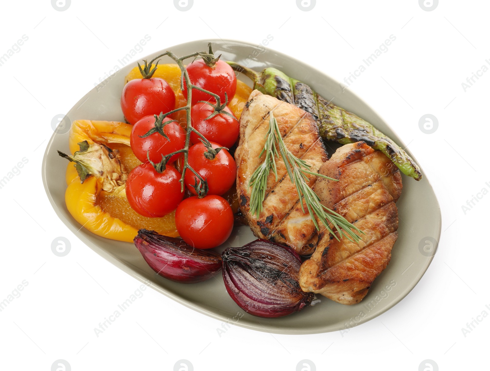 Photo of Plate with tasty grilled vegetables, meat, fresh cherry tomatoes and rosemary isolated on white, above view