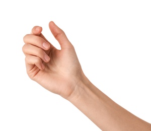 Photo of Woman holding something on white background, closeup of hand