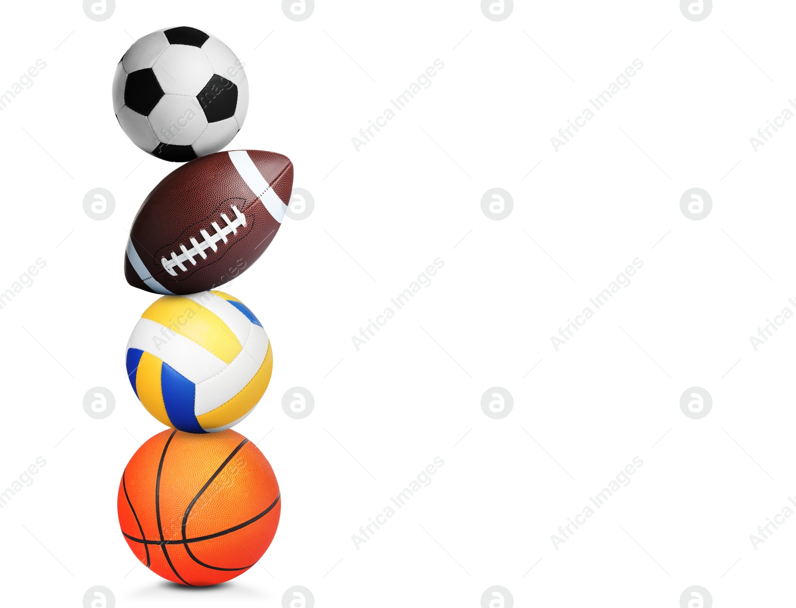 Image of Stack of different sport balls on white background