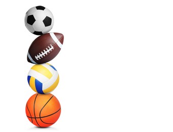 Image of Stack of different sport balls on white background