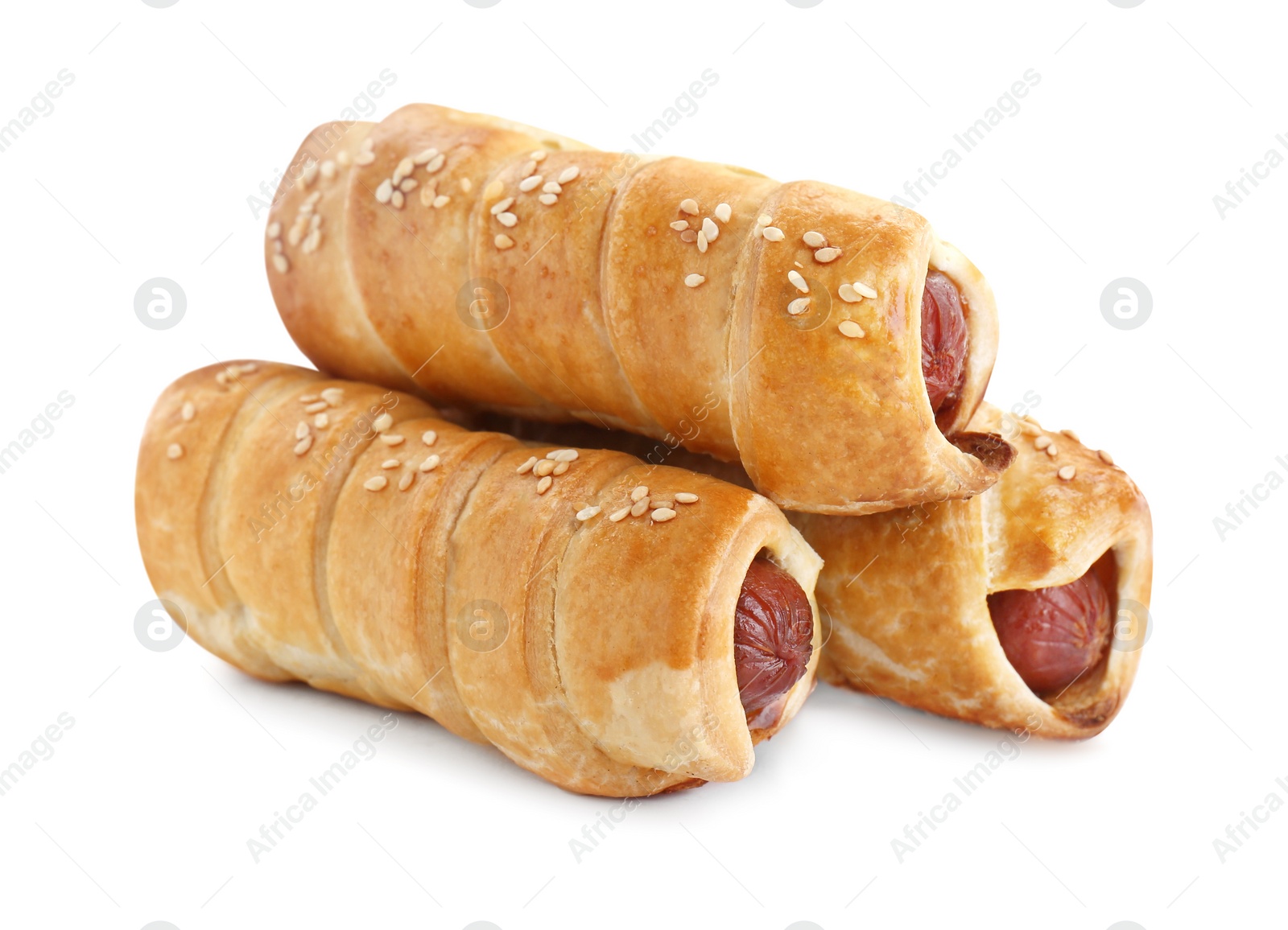 Photo of Delicious homemade sausage rolls isolated on white