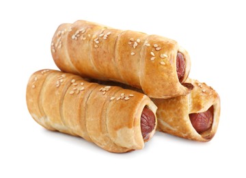 Delicious homemade sausage rolls isolated on white