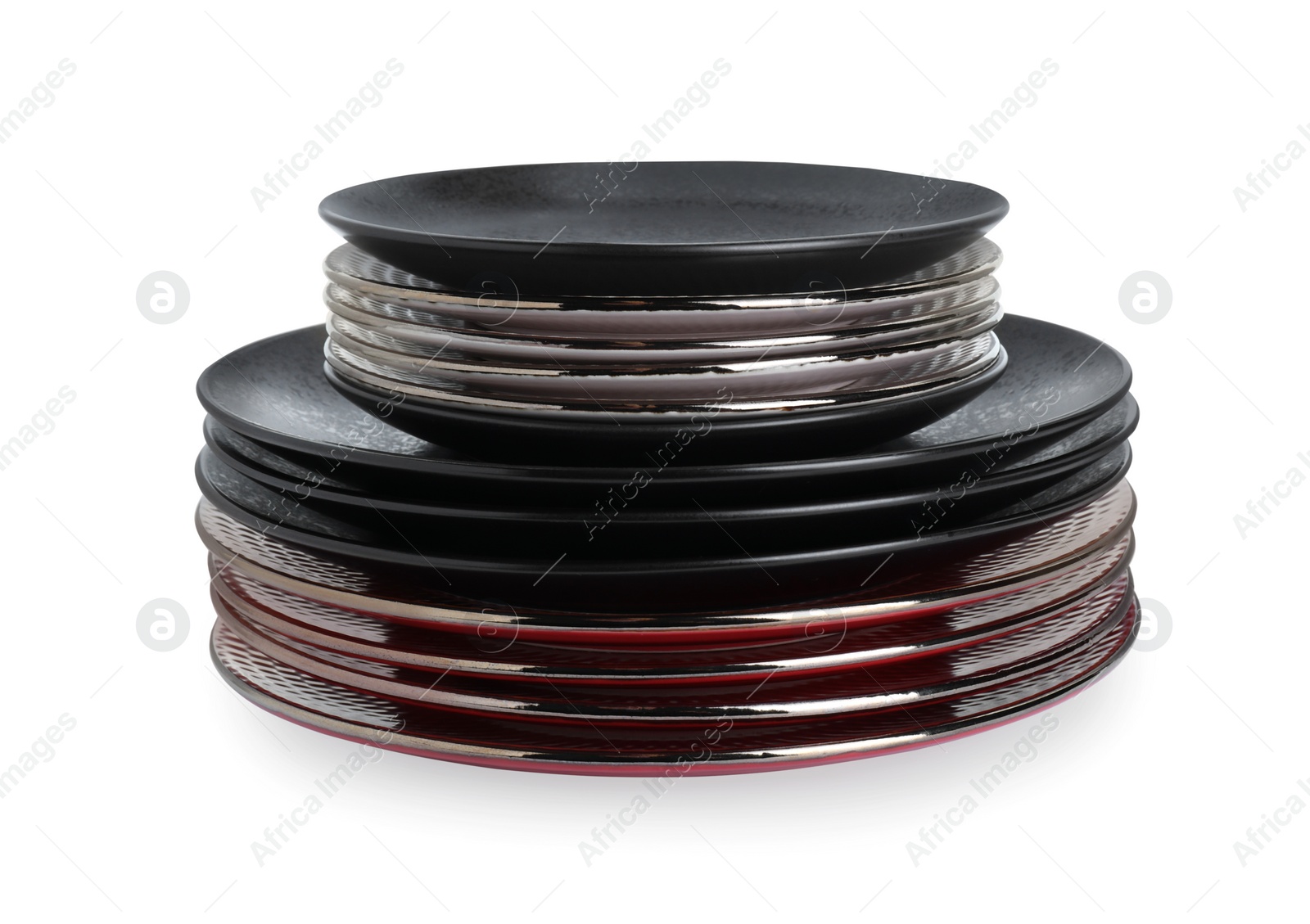 Photo of Stack of beautiful ceramic plates isolated on white
