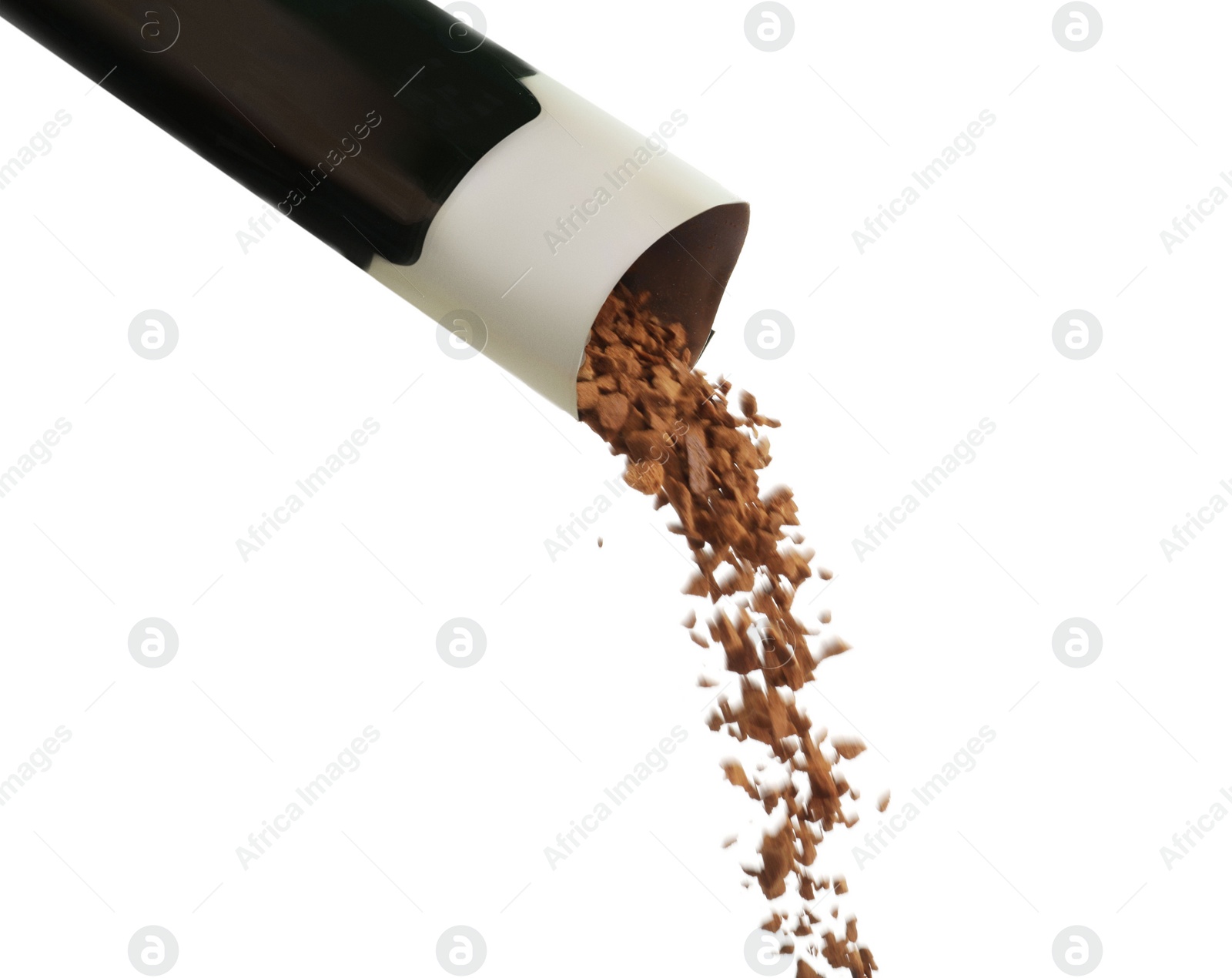 Photo of Pouring aromatic instant coffee from sachet on white background