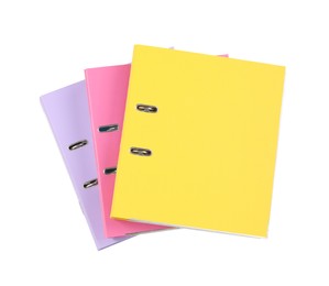Photo of Many office folders isolated on white, top view