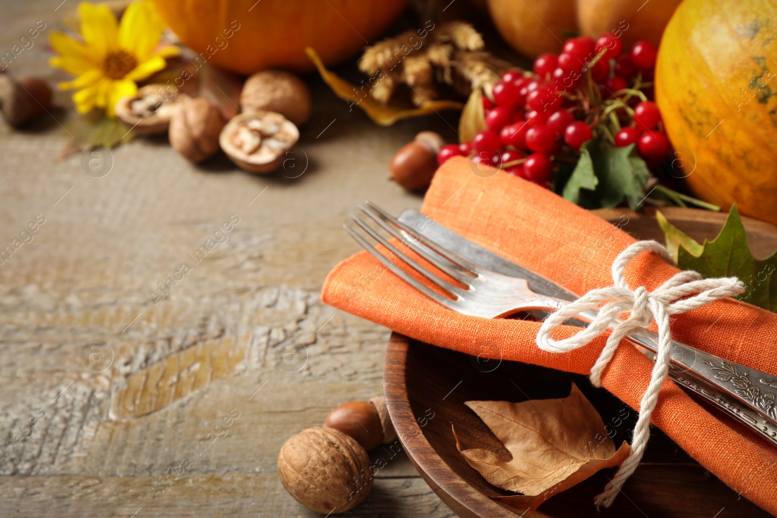 Photo of Autumn vegetables and cutlery on wooden background, closeup with space for text. Happy Thanksgiving day