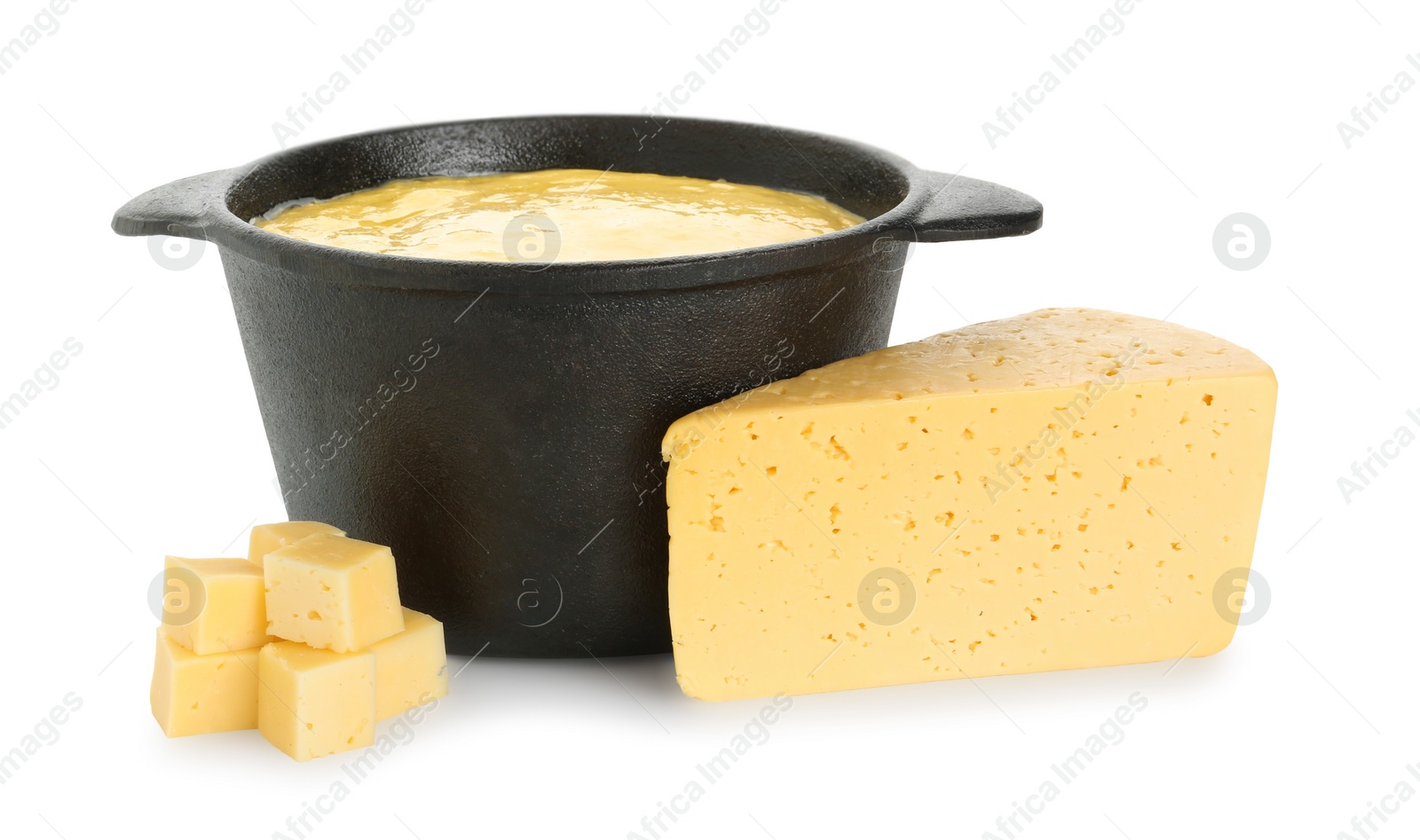 Photo of Fondue with tasty melted cheese and pieces isolated on white