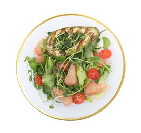 Photo of Delicious pomelo salad with grilled avocado and tomatoes on white background, top view