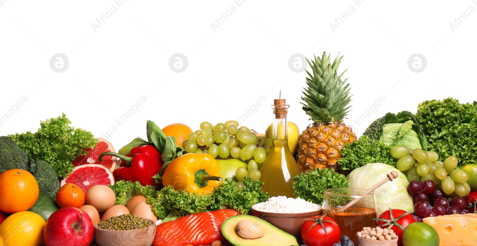 Photo of Different food products on white background. Healthy balanced diet