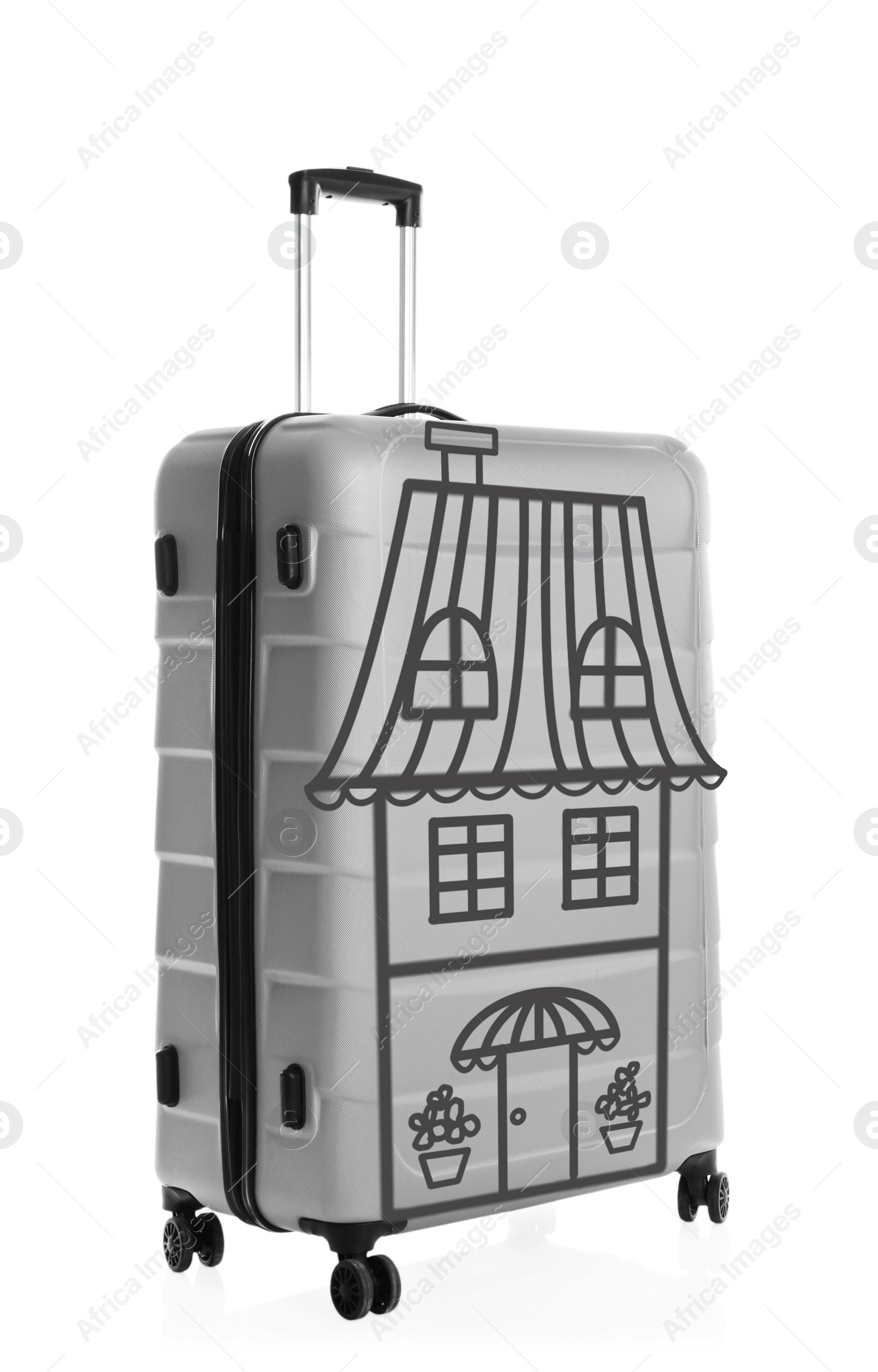 Image of Light grey suitcase with drawing of house on white background. Moving concept