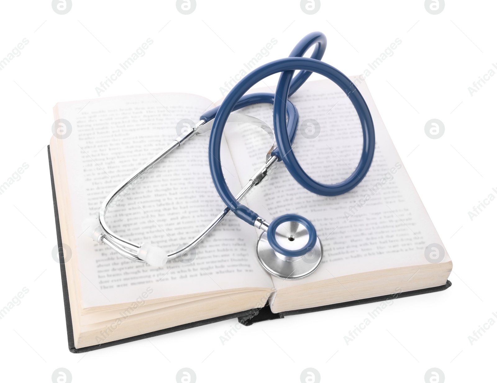 Photo of Open student textbook and stethoscope on white background. Medical education