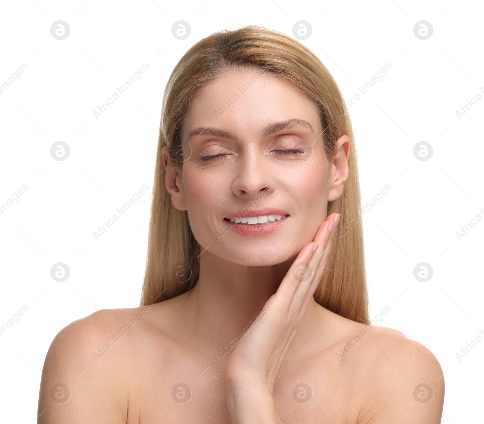 Photo of Beautiful woman with healthy skin on white background