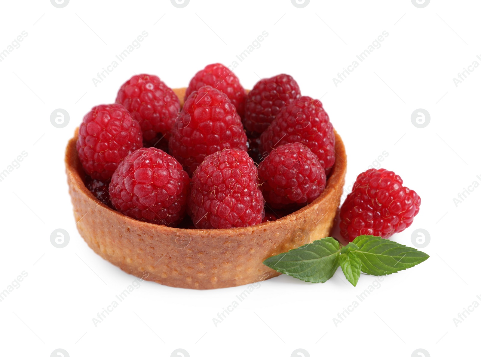 Photo of Tartlet with fresh raspberries and mint isolated on white. Delicious dessert