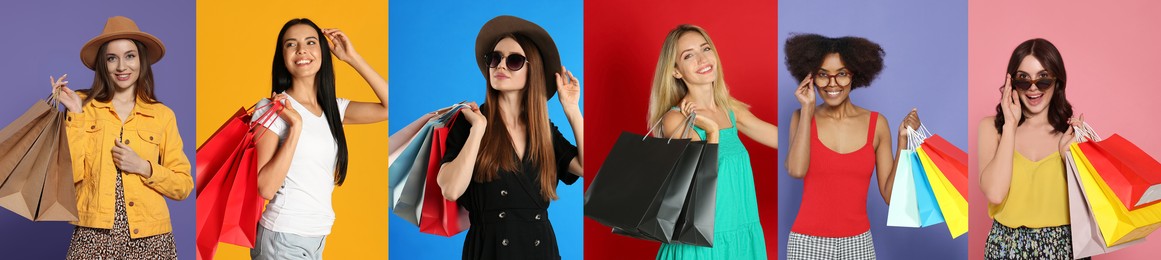 Happy women with shopping bags on different color backgrounds, collage design