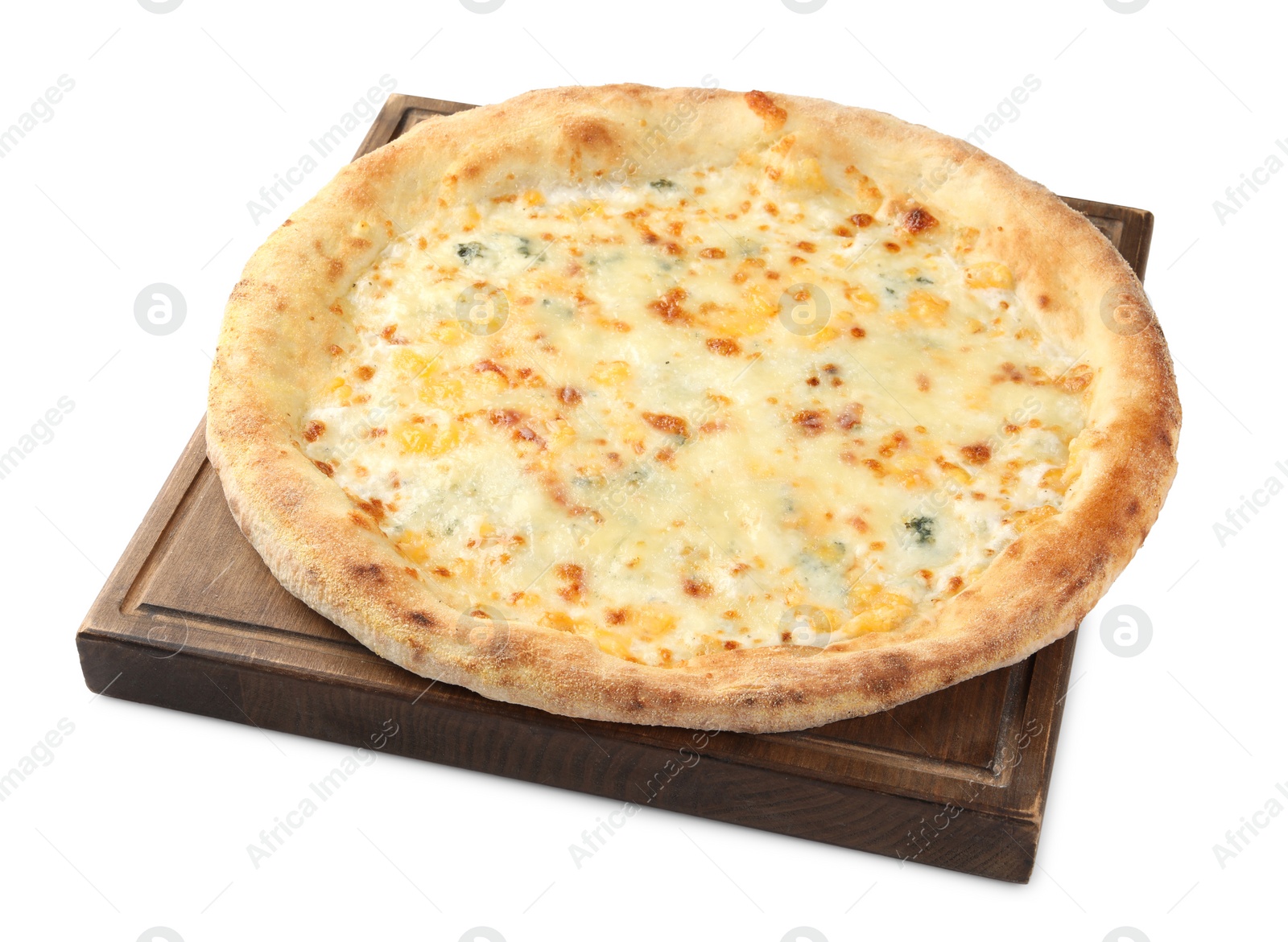 Photo of One delicious cheese pizza isolated on white