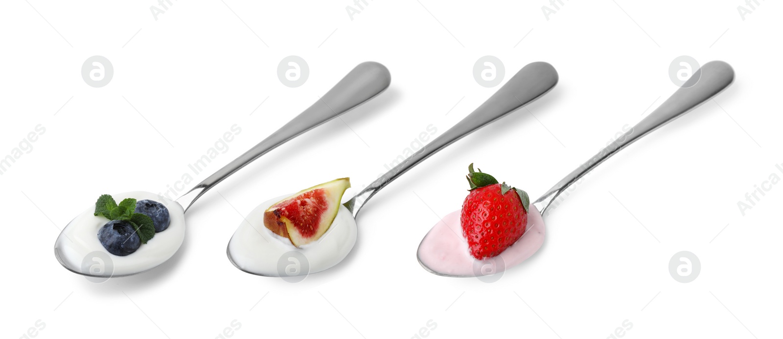 Image of Different delicious yogurts in spoons isolated on white, set