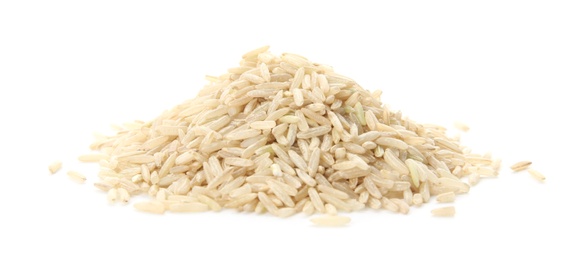 Photo of Pile of raw unpolished rice on white background