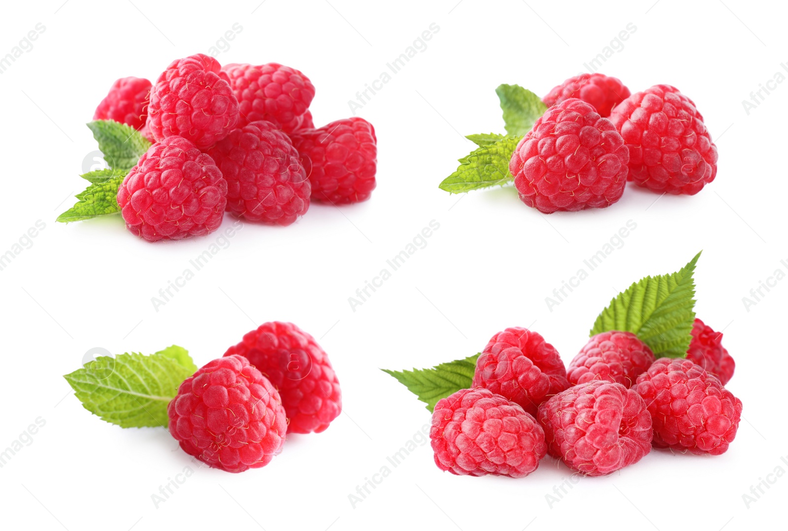 Image of Set of fresh ripe raspberries with green leaves on white background 