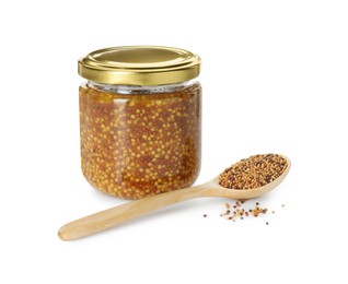 Photo of Fresh whole grain mustard in jar, spoon and dry seeds isolated on white