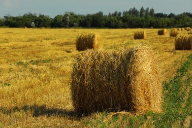 Beautiful view of agricultural field with hay bales