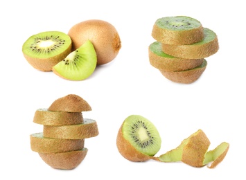 Set with ripe kiwi fruits on white background